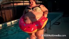 Redă Curvy SSBBW Ivy Davenport se blochează într-o jucărie gonflabilă pentru piscină